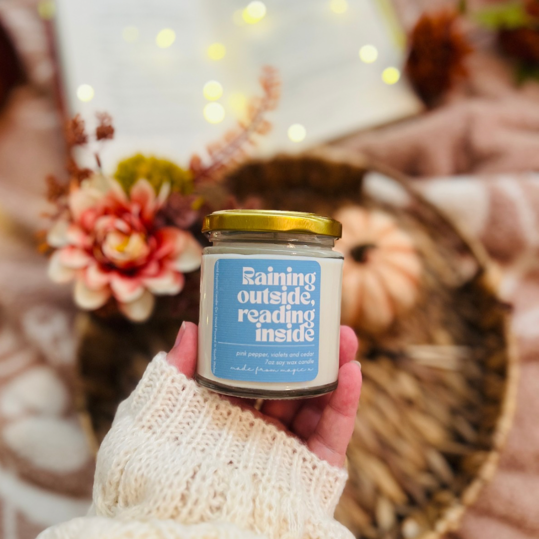Raining Outside Reading Inside Candle